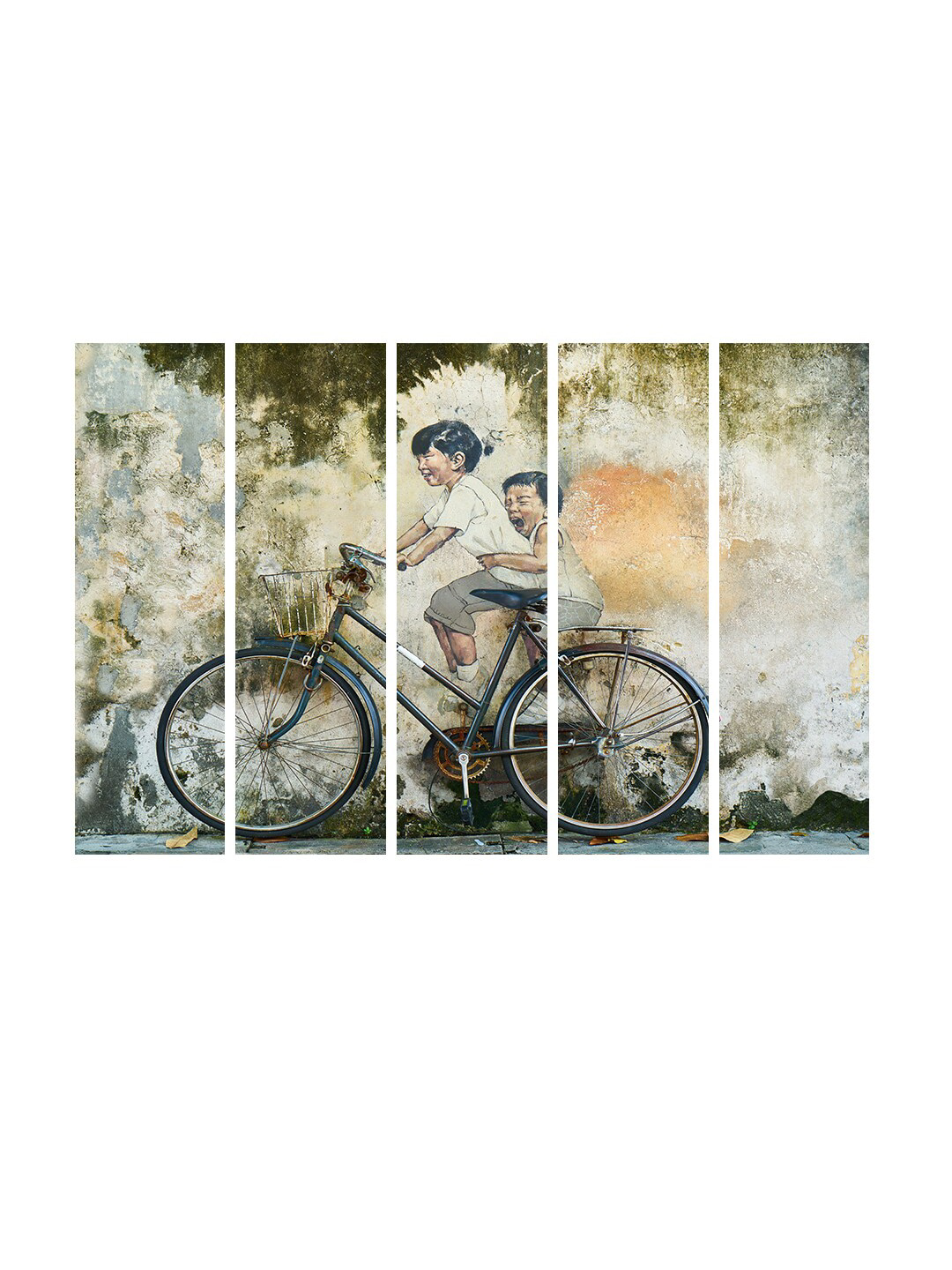 Set Of 5 Blue & Beige Two Friends Riding On The Cycle Wall Art Frames