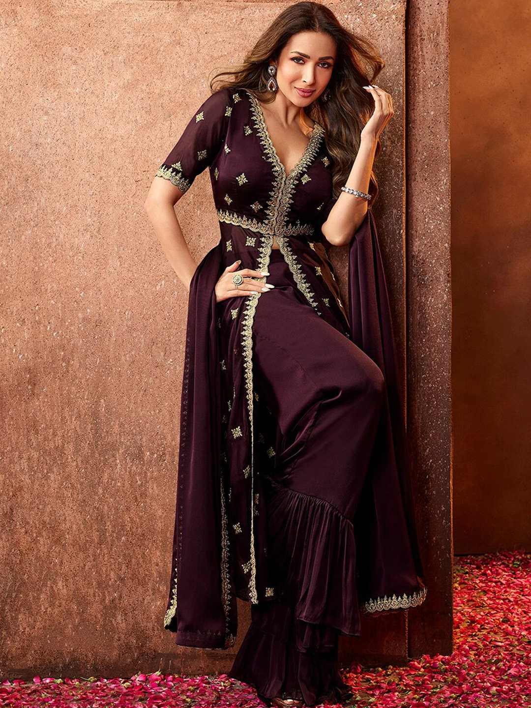 Women Mauve Ethnic Motifs Embroidered Sequinned