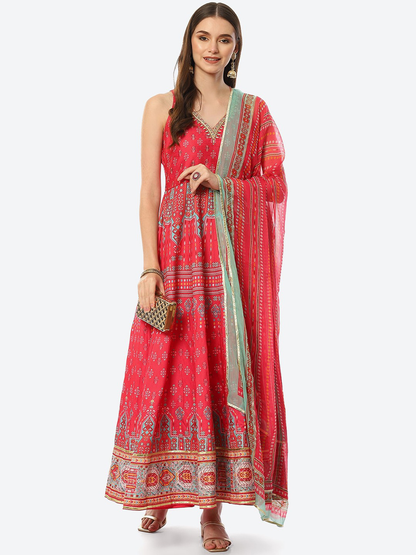 Women Fuchsia Ethnic Motifs Printed Dupion Silk Salwar Suit