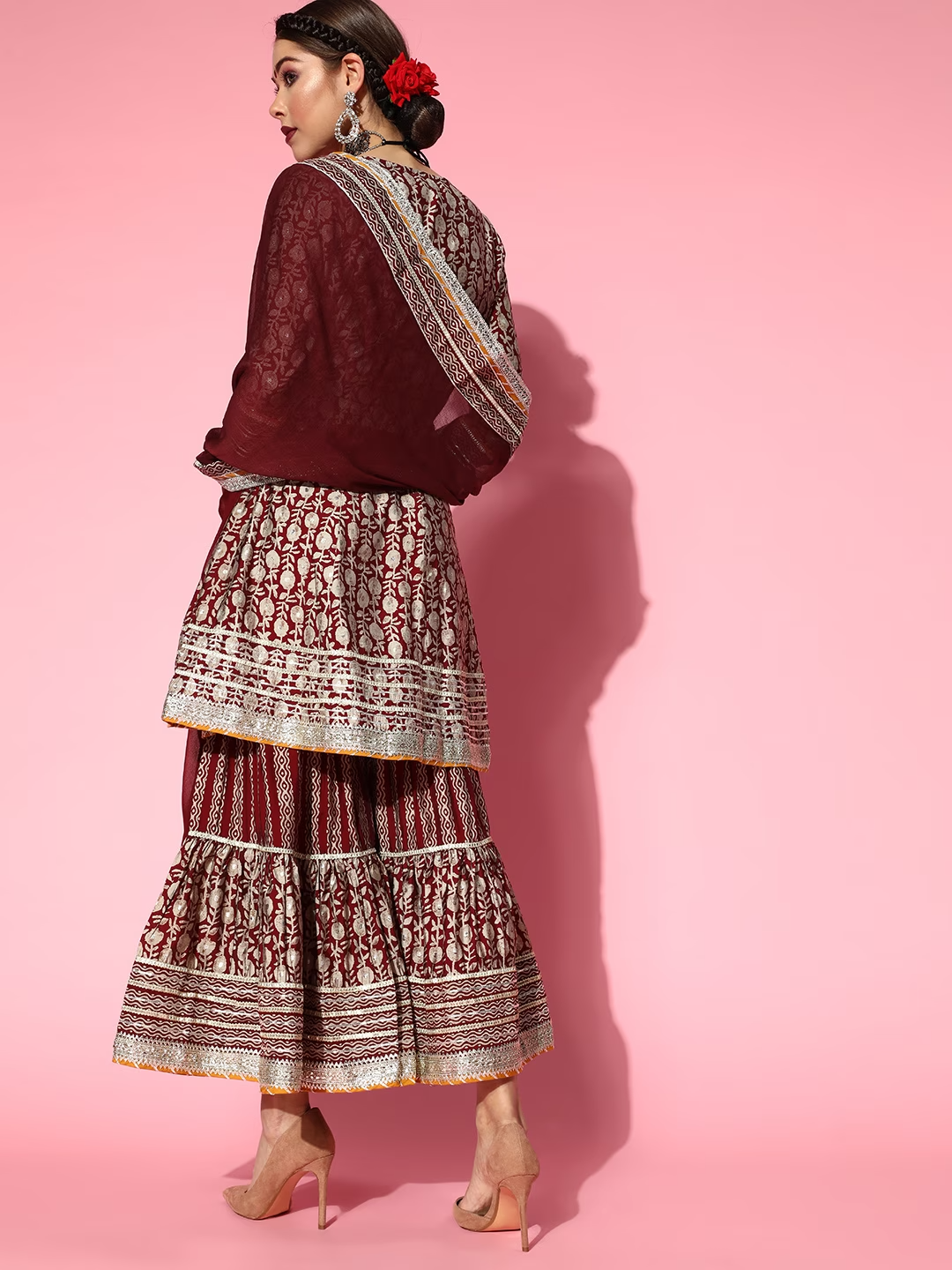 Maroon & Beige Foil Floral Print Panelled Tie-Ups A-Line Salwar Suit