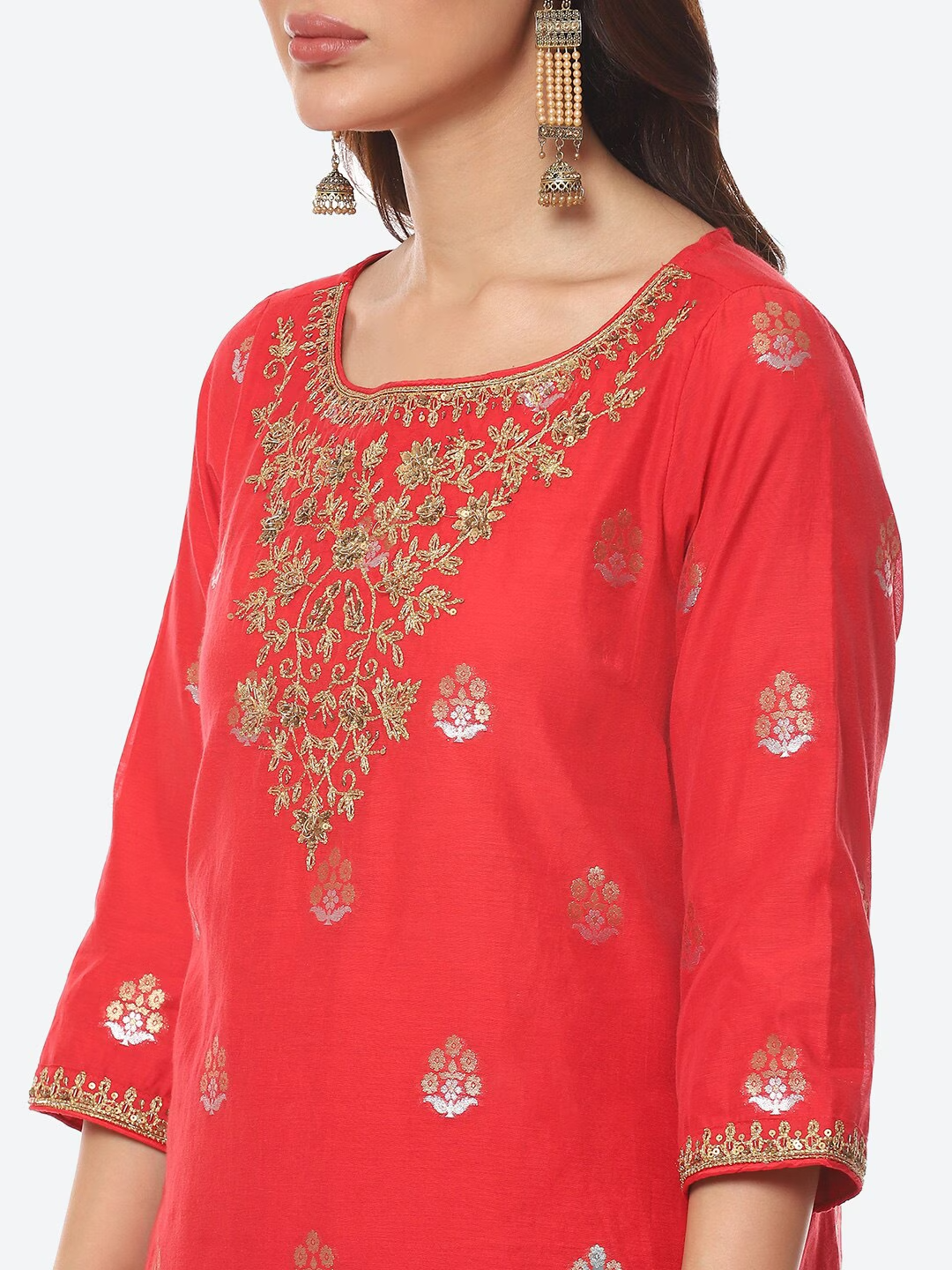 Women Red Floral Embroidered Kurta with Sharara & With Dupatta