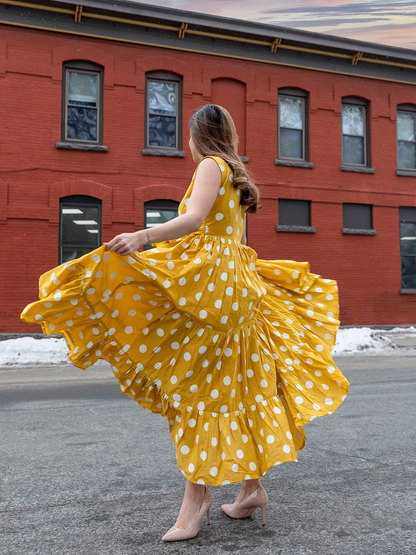 Mustard Yellow Polka Dots Printed Cotton Dress