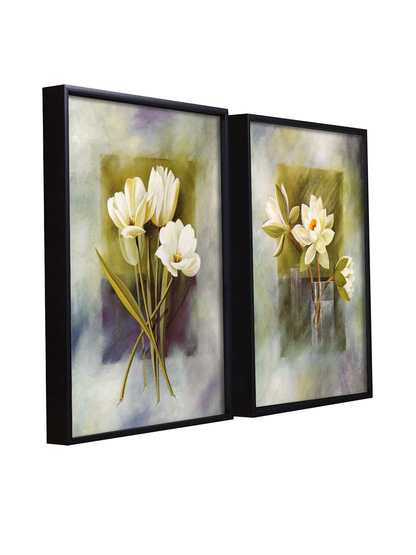 Set Of 2 White & Green Flower Pots Framed Canvas Wall Art