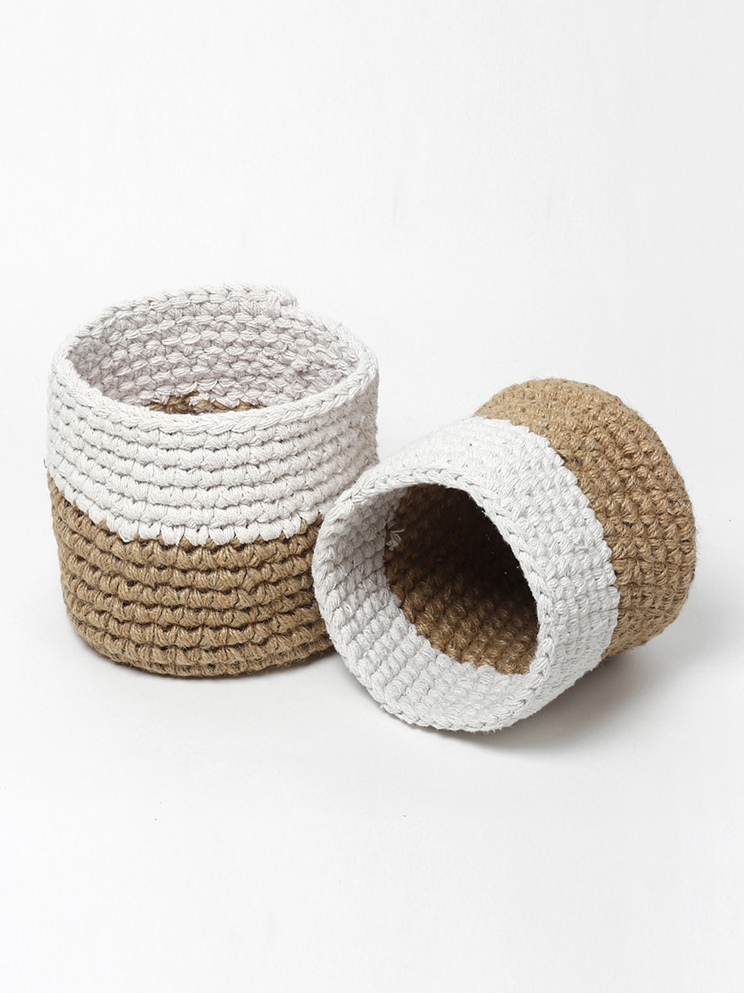 White and Brown Set of 2 Color blocked Jute Crochet Baskets