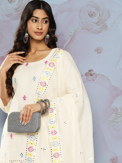 Women Embroidered Mirror Work Pure Cotton Kurti With Sharara & With Dupatta