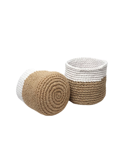 White and Brown Set of 2 Color blocked Jute Crochet Baskets