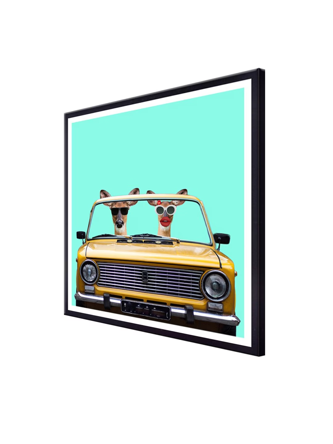 Turquoise Blue & Yellow Cartoons And Car Printed Canvas Wall Art