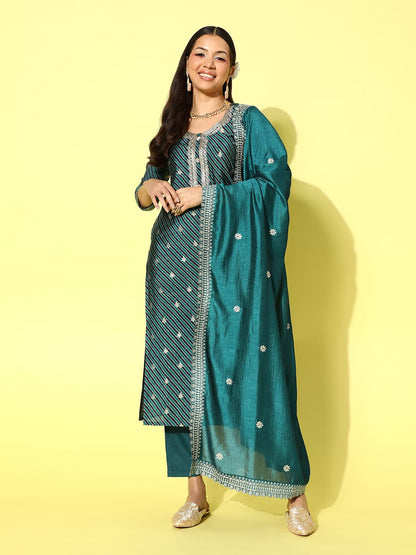 Yoke Design Zari Kurta with Trousers & With Dupatta