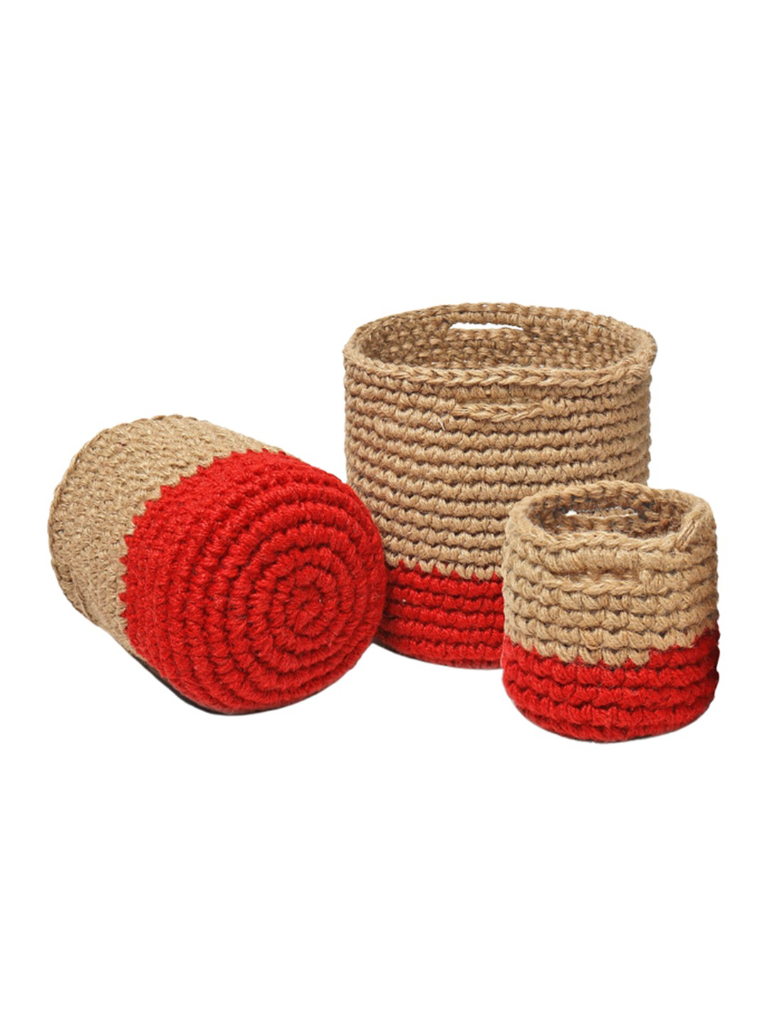 Beige and Red Set of 3 Color blocked Jute Crochet Baskets