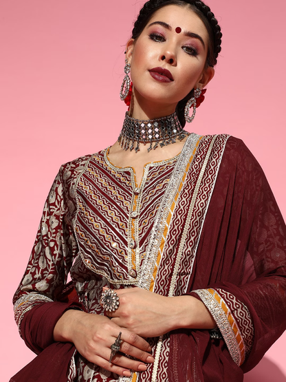 Maroon & Beige Foil Floral Print Panelled Tie-Ups A-Line Kurta Sharara & Dupatta