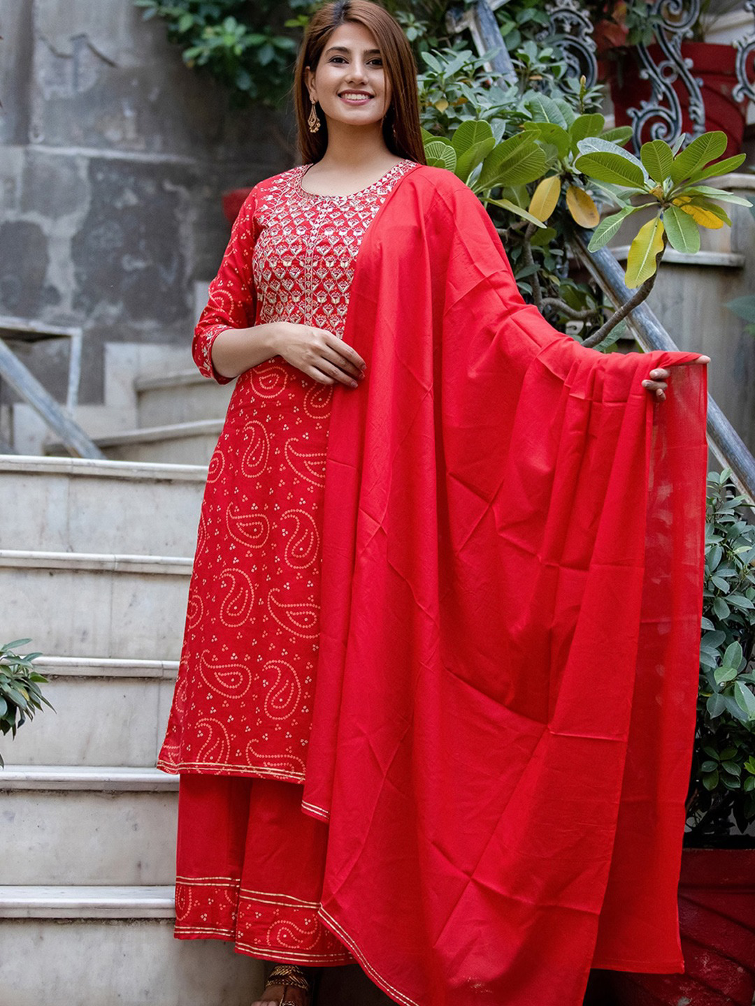 Women Red Bandhej Embroidered Kurta With Sharara & Dupatta