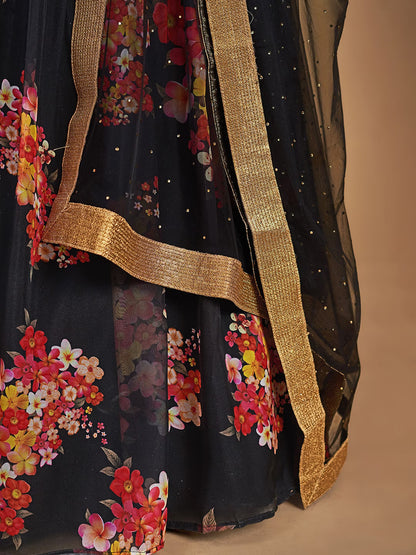 Black & Gold-Toned Semi-Stitched Lehenga & Unstitched Blouse With Dupatta