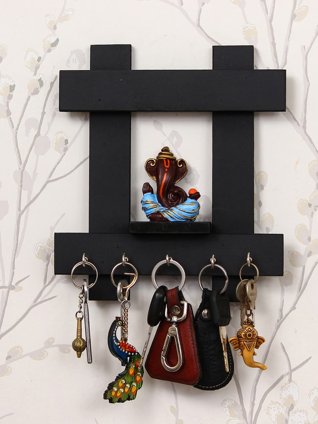 Black & Brown Lord Ganesha Wooden Key Holder With 5 Key Knobs