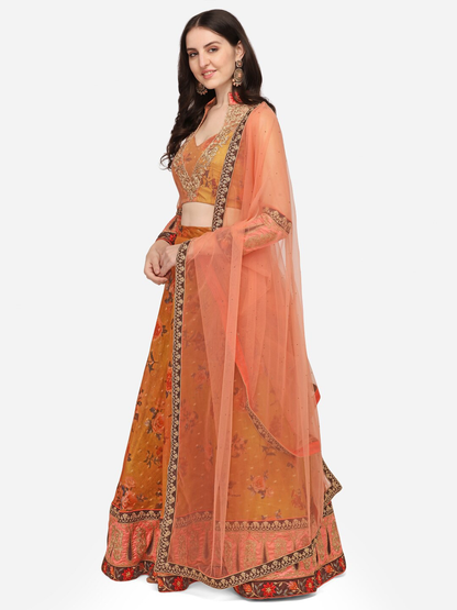 Mustard & Peach-Coloured Embroidered Ready to Wear Lehenga & Blouse With Dupatta