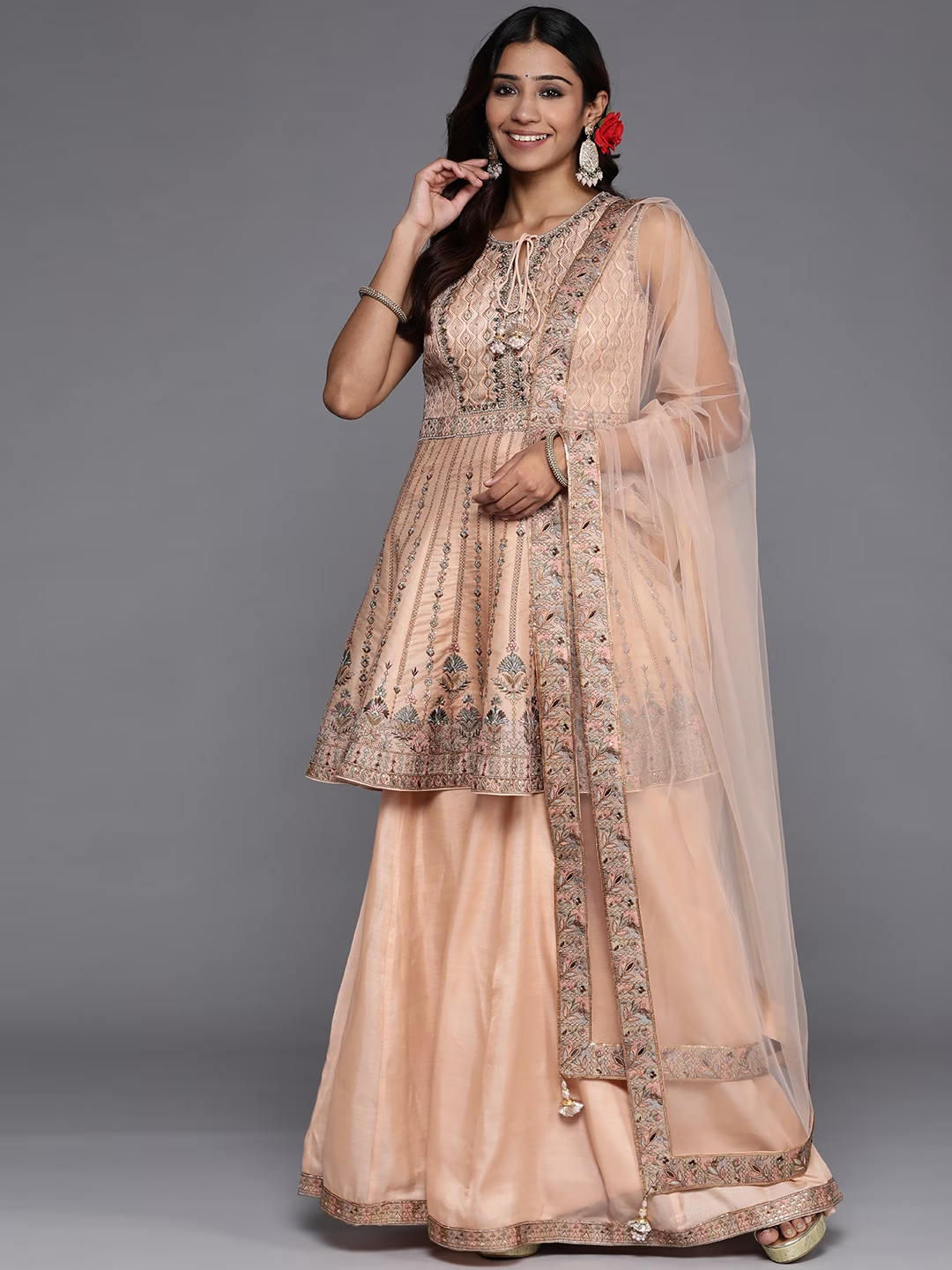 Women Peach-Coloured Floral Embroidered Sequinned Pure Silk Salwar Suit