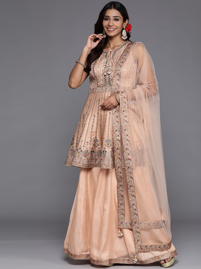 Women Peach-Coloured Floral Embroidered Sequinned Pure Silk Salwar Suit