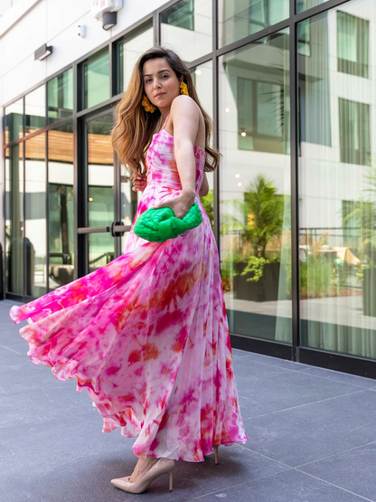 Pink & White Tie And Dye Dyed Halter Neck Maxi Dress