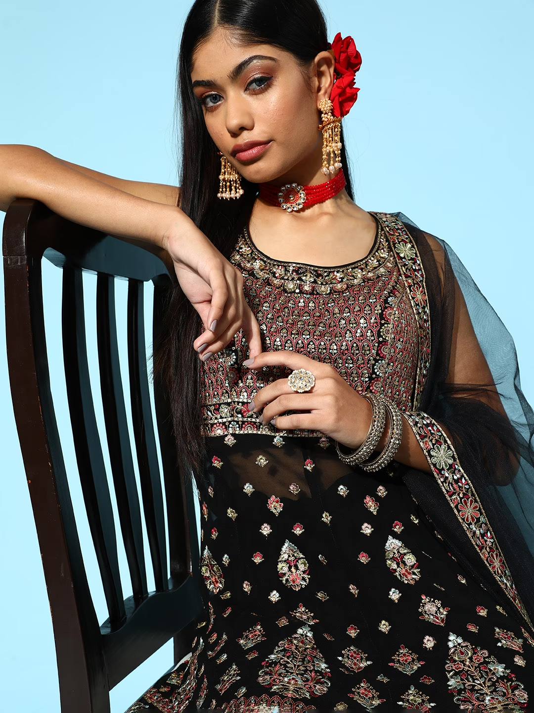 Women Ethnic Motifs Poly Georgette Shimmer & Sequin Salwar Suit