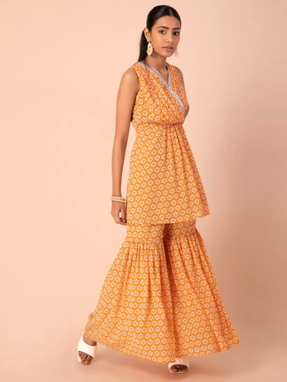 Yellow Ikat Printed Pleated Sharara Pants