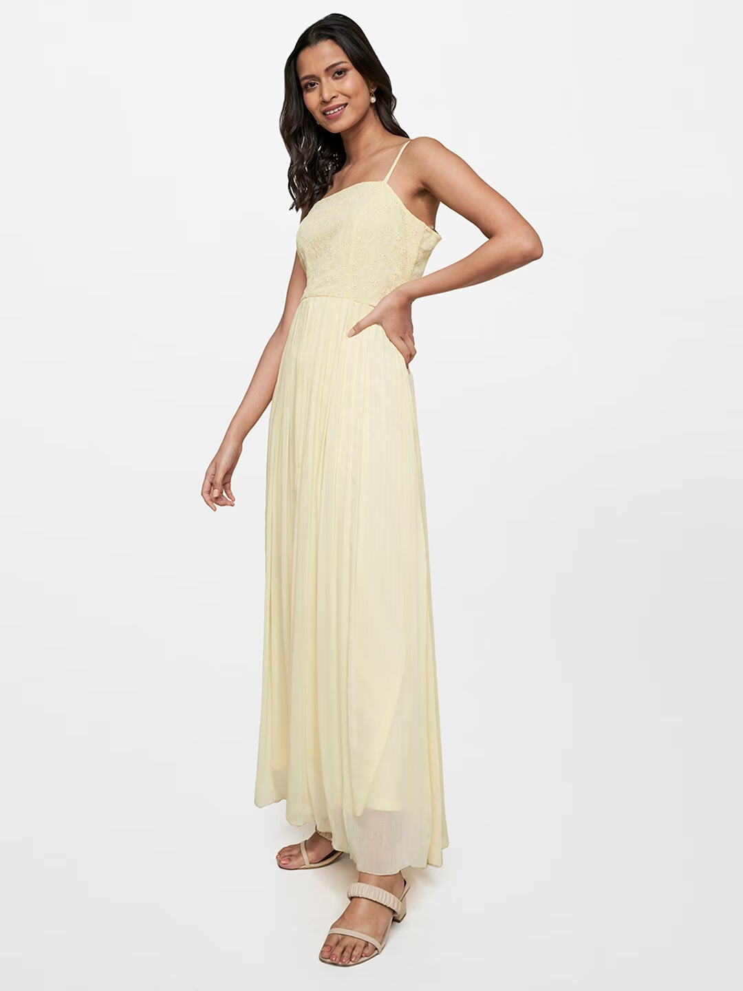 Women Lime Yellow Floral Schiffli A-Line Maxi Dress