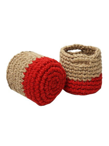 Red and Brown Set of 2 Color blocked Jute Crochet Baskets