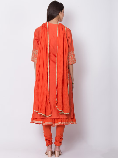 Women Orange Embroidered Layered Salwar Suit