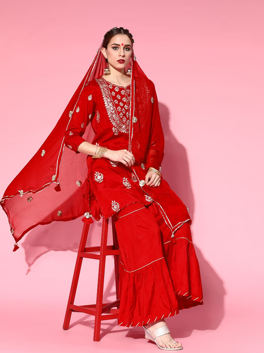 Women Red Floral Embroidered Regular Kurta with Sharara & With Dupatta