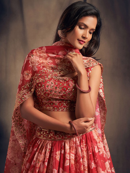 Red & Gold-Toned Embroidered Sequinned Shibori Semi-Stitched Lehenga & Unstitched Blouse