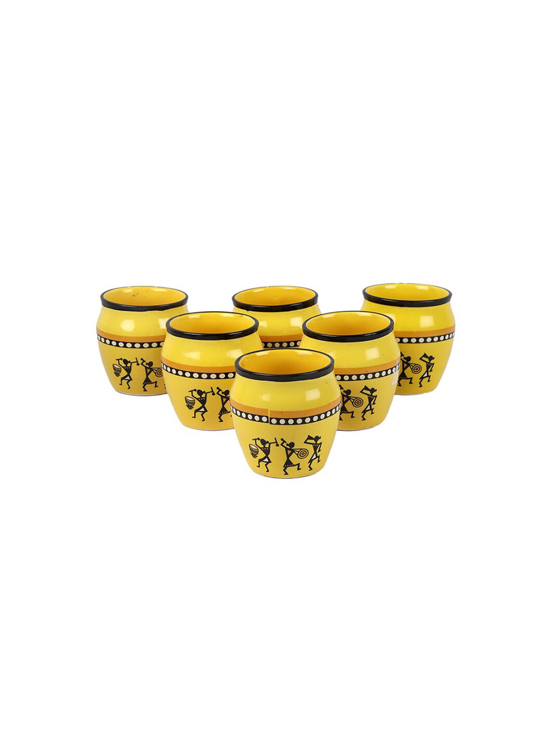 Yellow & Black Set of 6 Dishwasher And Microwave Safe Ceramic Kulladhs 200 ML Each