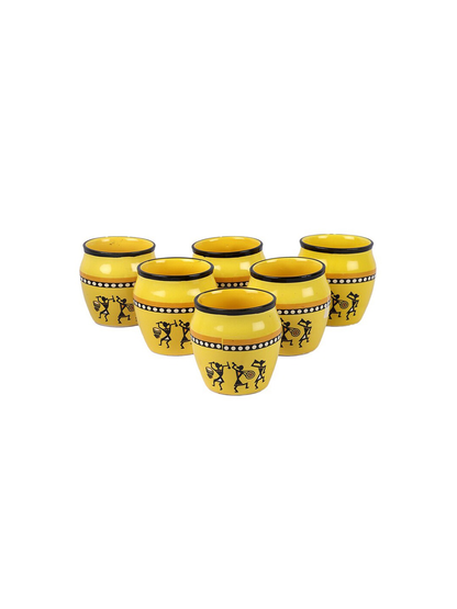 Yellow & Black Set of 6 Dishwasher And Microwave Safe Ceramic Kulladhs 200 ML Each