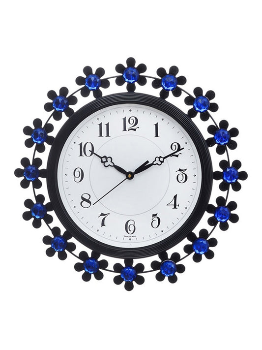 Blue & White Embellished Round Analogue Contemporary Wall Clock