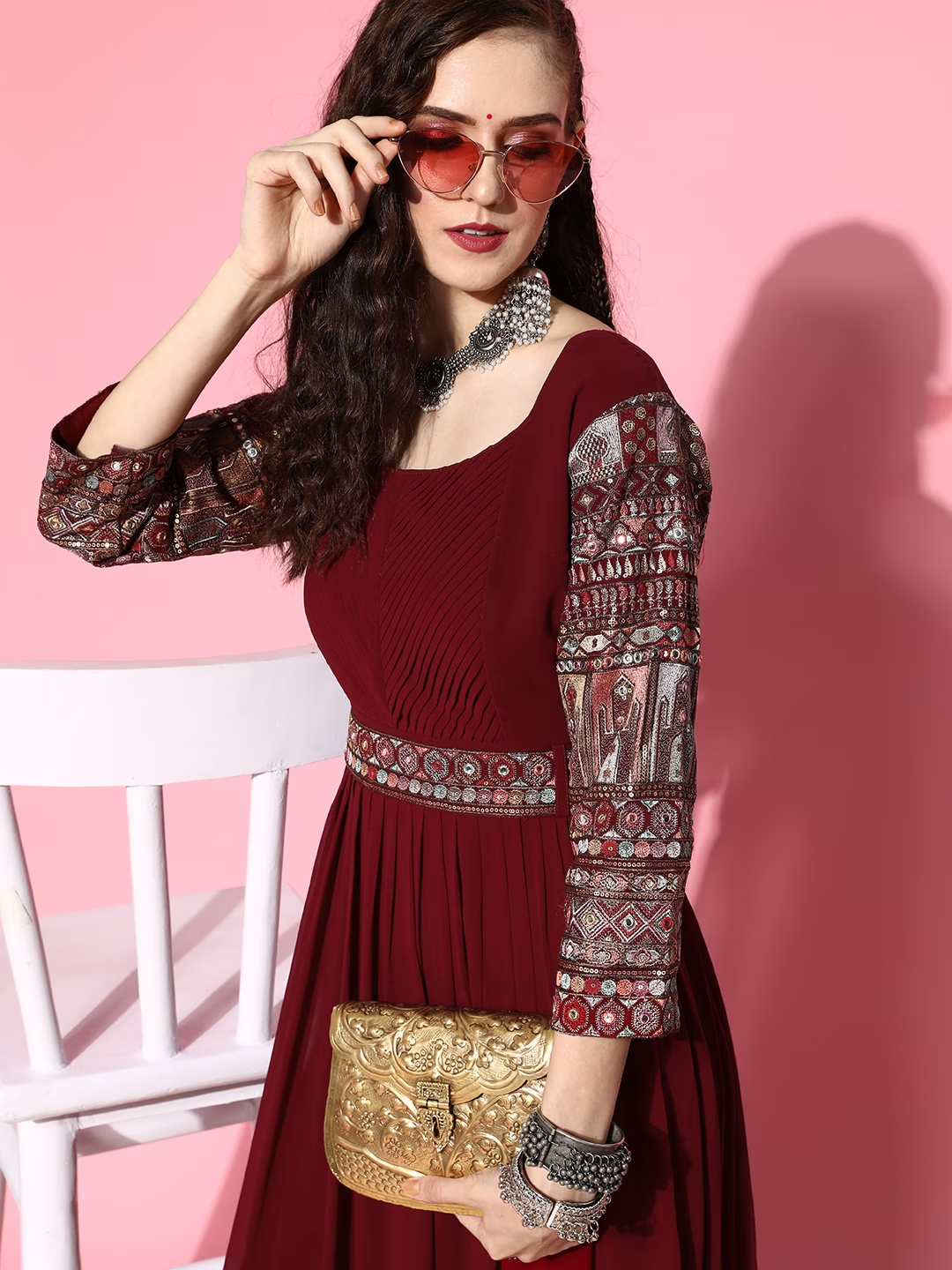 Women Charming Maroon Ethnic Motifs Gown for Days