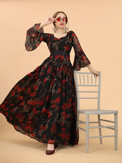 Women Black & Red Floral Fit And Flare Maxi Dress