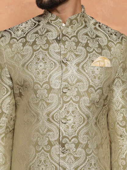 Woven Design Mandarin Collar Sherwani Set