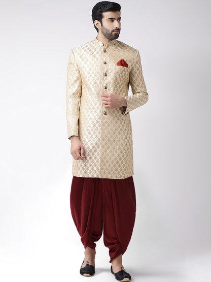 Men Gold-Coloured & Maroon Sherwani