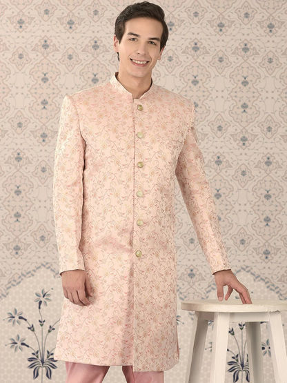 Peach Woven Design Sherwani Set