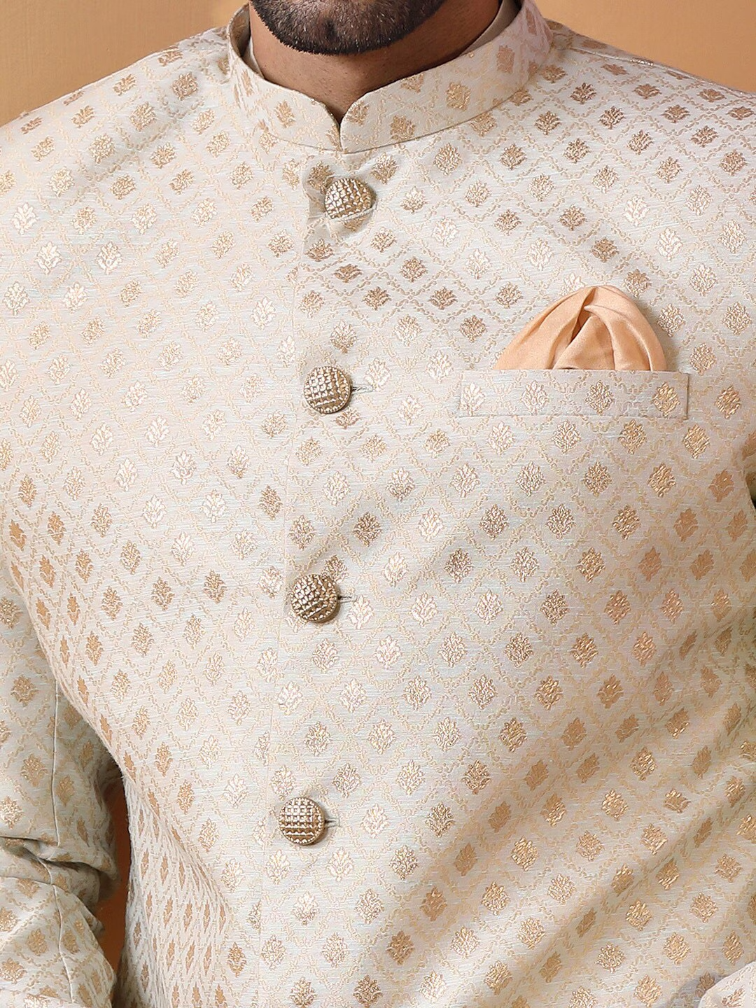 Ethnic Motifs Woven Design Mandarin Collar Sherwani Set