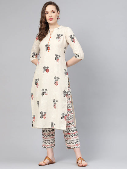 Women Beige Ethnic Print Straight Kurta Set With Side Pockets