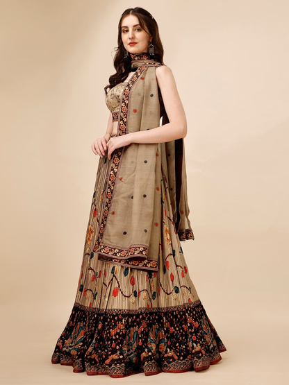 Printed Semi-Stitched Silk Lehenga & Unstitched Blouse With Dupatta