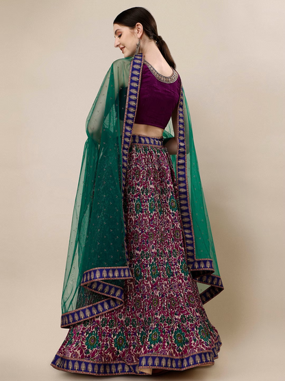 Yellow & Green Embroidered Thread Work Semi-Stitched Lehenga & Unstitched Blouse With Dupatta