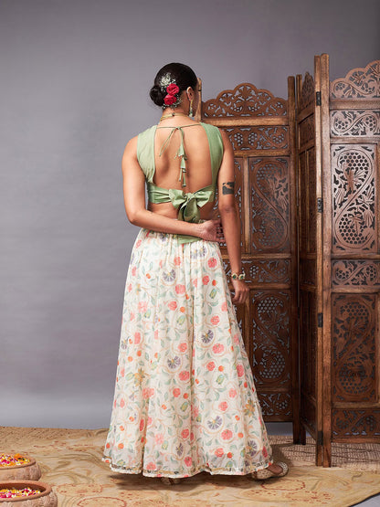 Green & Off White Floral Printed Ready to Wear Lehenga & Choli