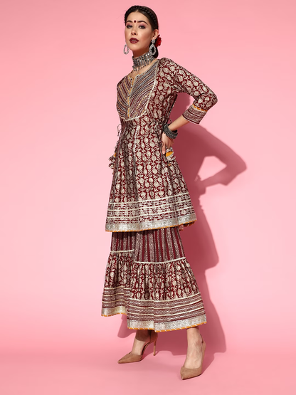 Maroon & Beige Foil Floral Print Panelled Tie-Ups A-Line Salwar Suit