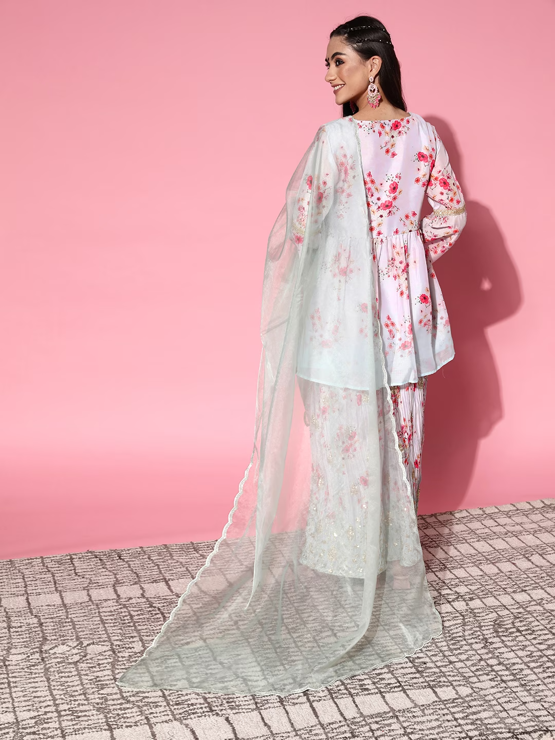Women Grey Satin Print Parade Salwar Suit