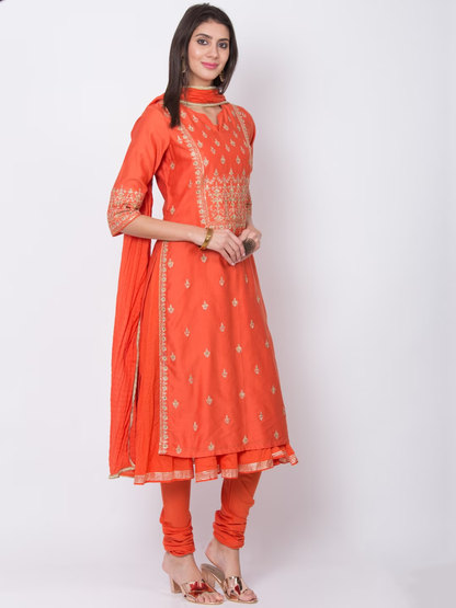 Women Orange Embroidered Layered Salwar Suit