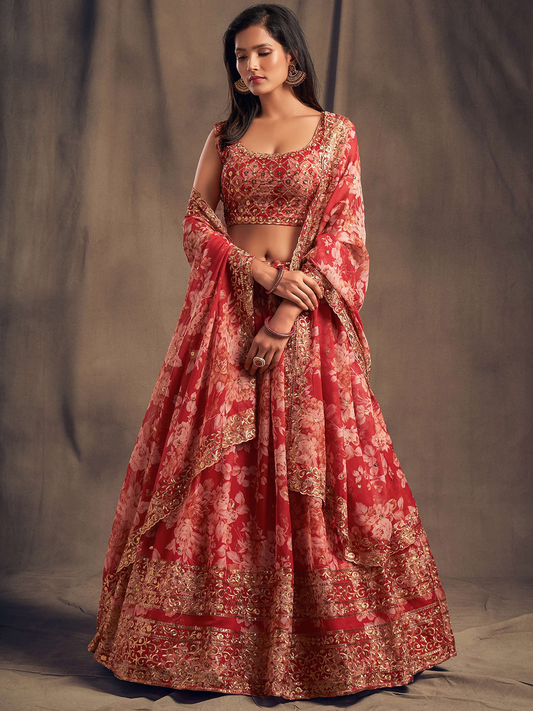 Red & Gold-Toned Embroidered Sequinned Shibori Semi-Stitched Lehenga & Unstitched Blouse