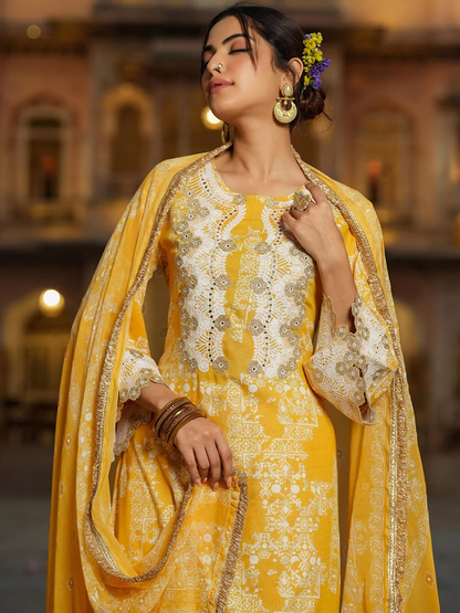 Ethnic Moifs Printed Mirror Work Kurta with Sharara & With Dupatta