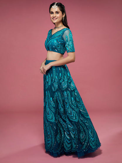 Teal Embroidered Sequinned Semi-Stitched Lehenga & Unstitched Blouse With Dupatta