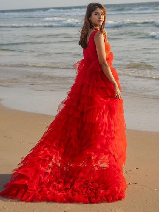 Women Red Net Maxi Gown