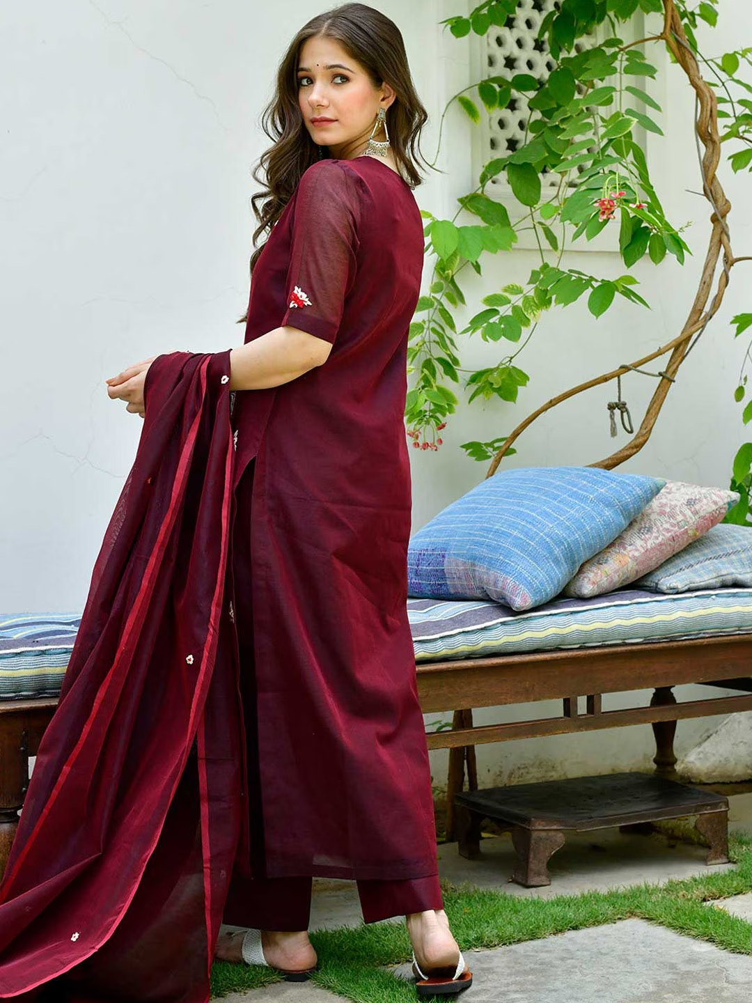 Floral Embroidered Pure Cotton Straight Kurta With Palazzos & Dupatta