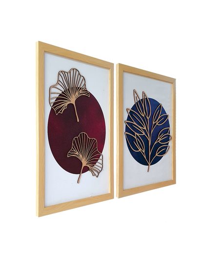 Set of 2 Blue & Red Boho MDF Embosed 3D Framed Art Print Wall Decor